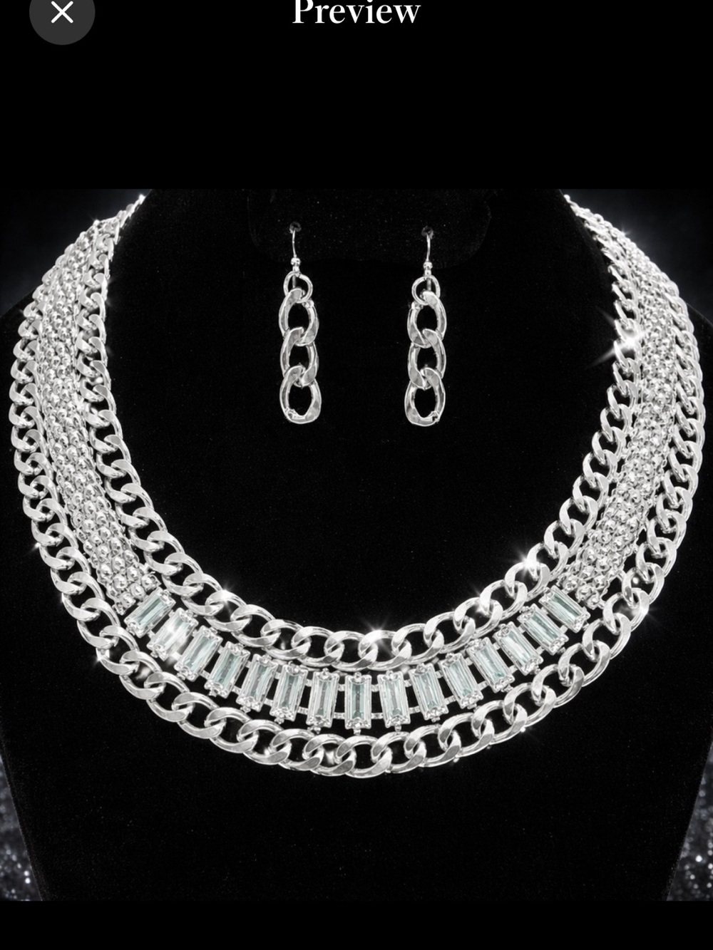Curb Chain Link Emerald Cut Crystal Tennis Necklace statement Earring Set Silver